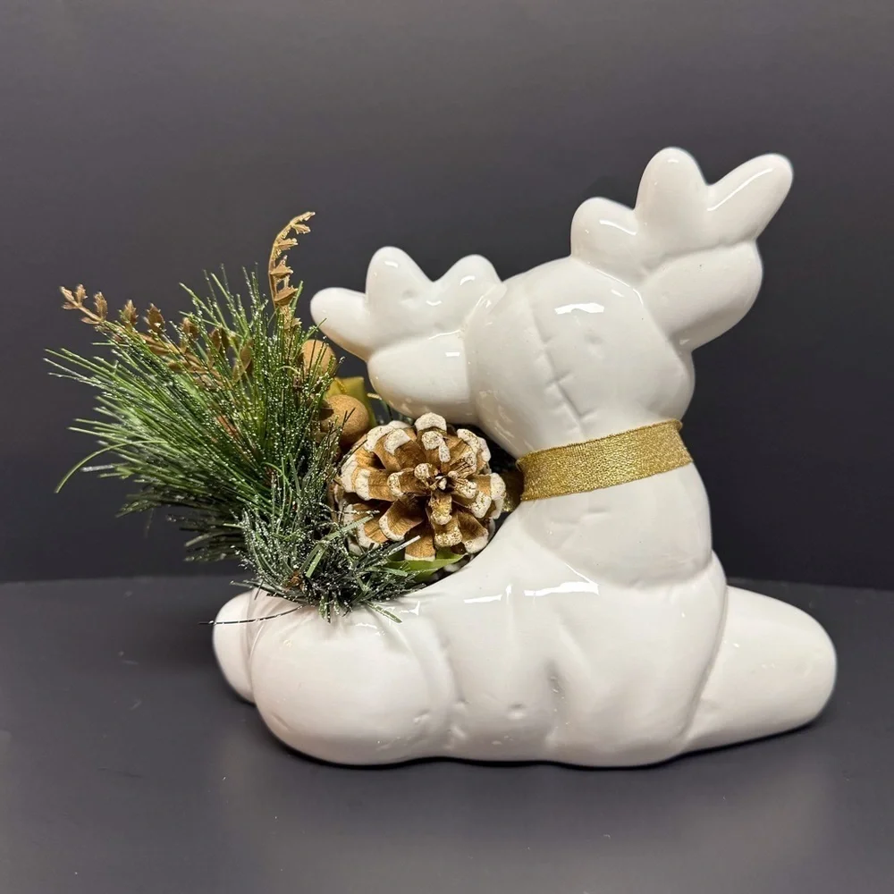 1990’s White Ceramic Sitting Reindeer Planter Holiday Gold Bow & Greenery EUC